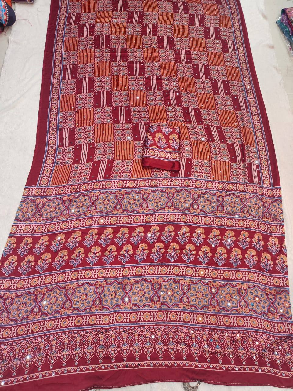 Peachmode Red Semi Gajji Ajrakh Mirror Work Silk Saree - Image 5