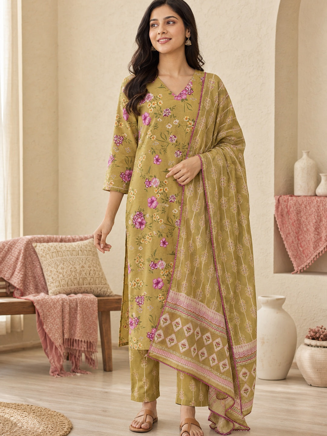 Mustard Pure Cotton Floral Printed Salwar Suit Set - Image 1