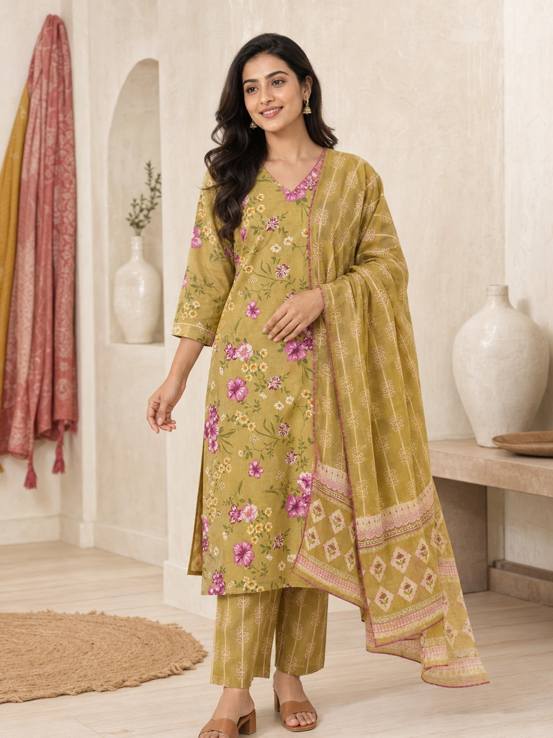 Mustard Pure Cotton Floral Printed Salwar Suit Set - Image 3