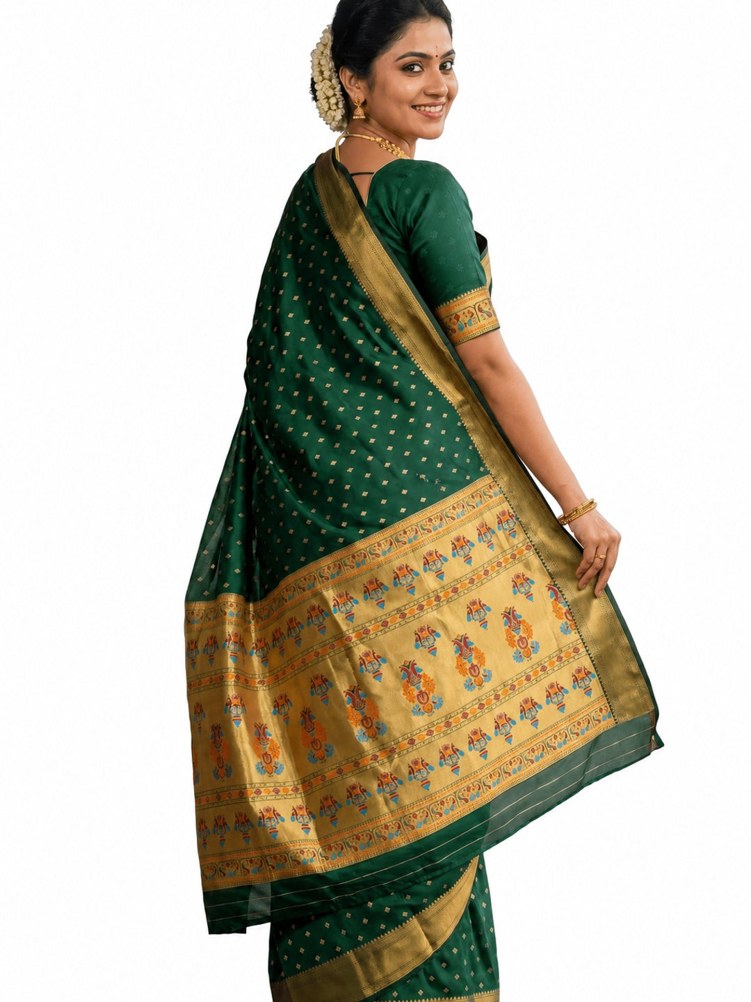 Peachmode Green Paithani Silk Zari Meenakari Saree - Image 8