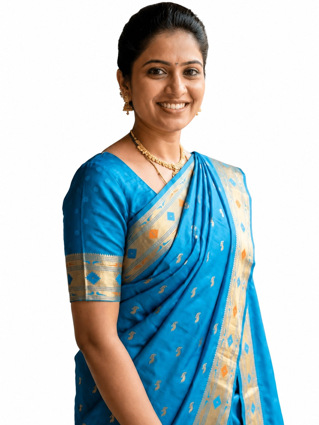 Peachmode Turquoise Paithani Silk Zari Meenakari Saree - Image 5