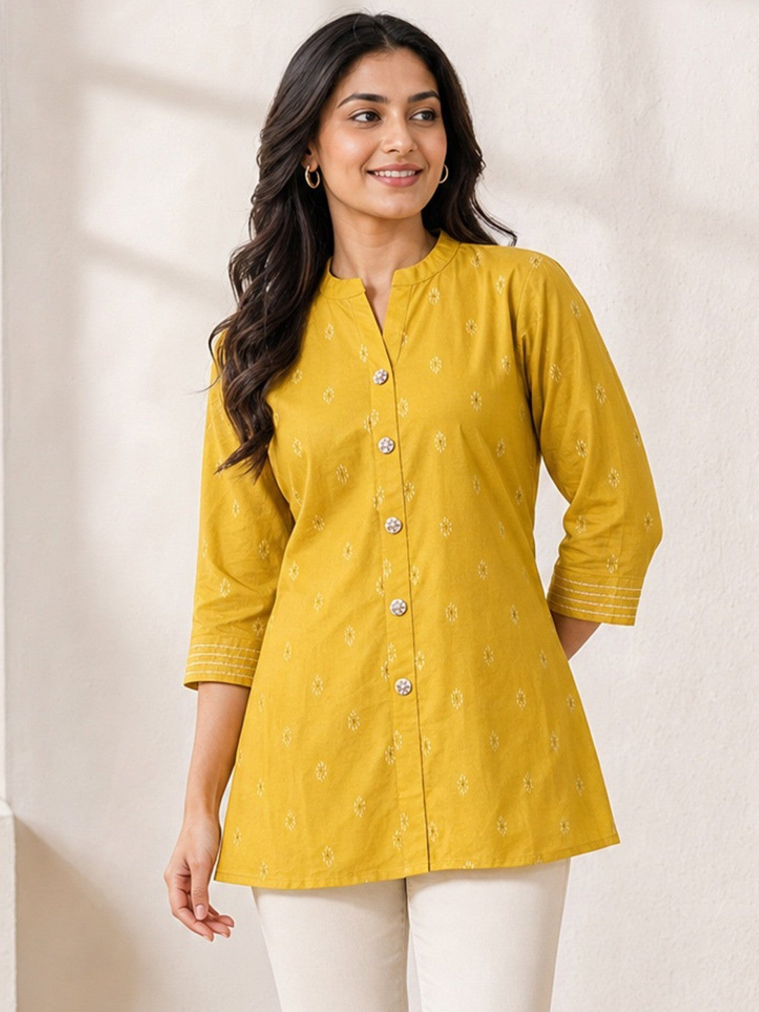 Yellow Pure Cotton Embroidered Short Top - Image 1