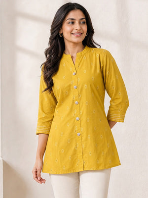 Yellow Pure Cotton Embroidered Short Top - Image 1