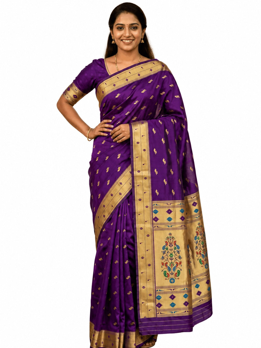 Peachmode Purple Paithani Silk Zari Meenakari Saree - Image 4
