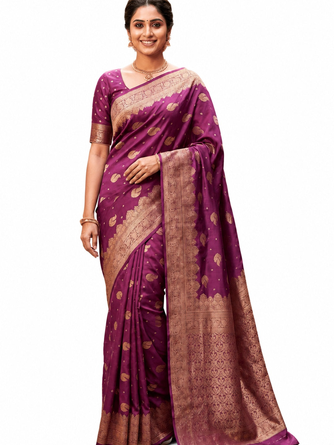 Peachmode Wine Banarasi Silk Zari Weaving Saree - Image 4