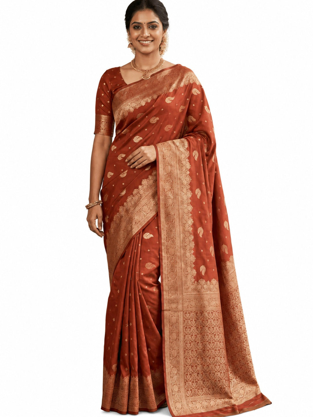 Peachmode Rust Banarasi Silk Zari Weaving Saree - Image 4