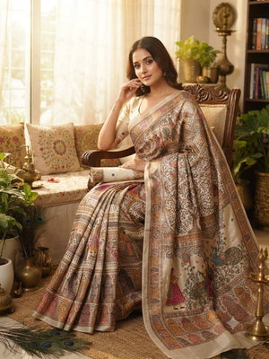 Peachmode Beige Rajwadi Pashmina Silk Weaving Saree - Image 1