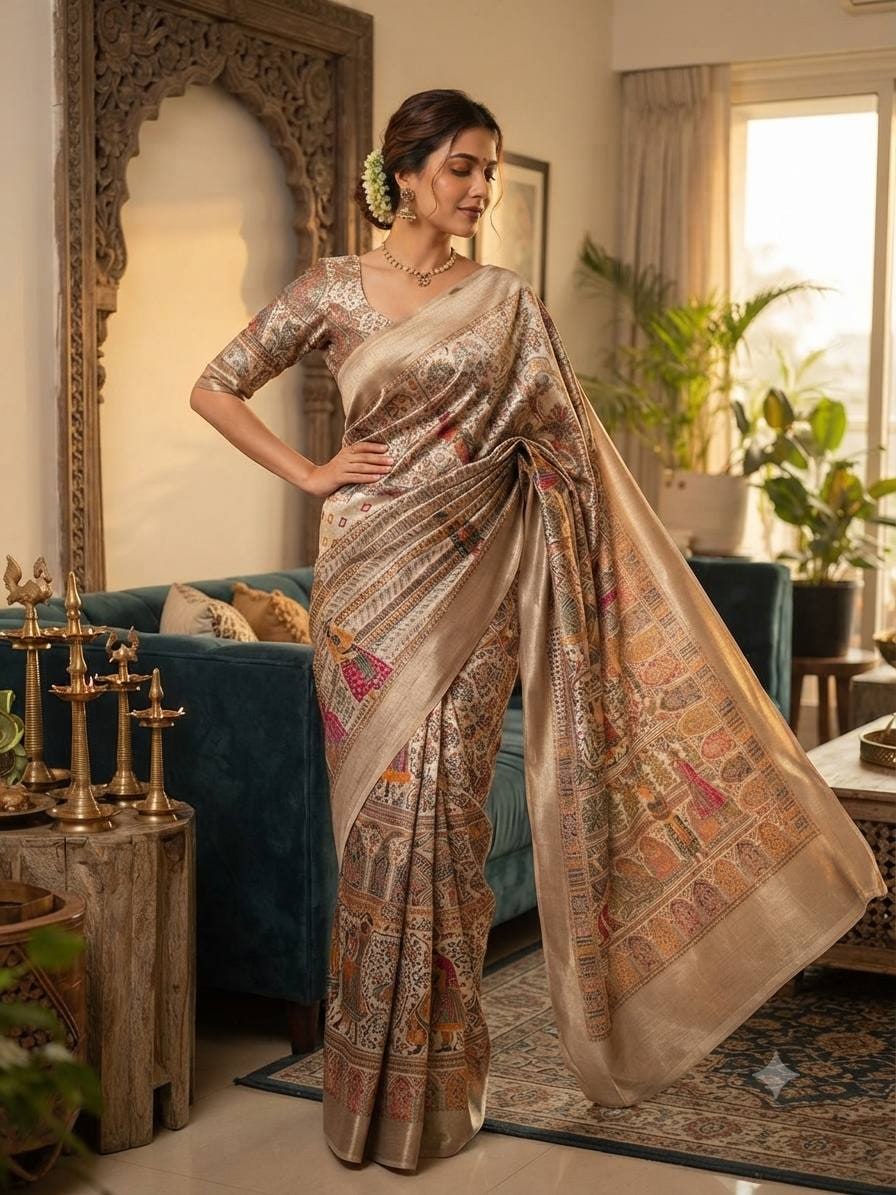 Peachmode Beige Rajwadi Pashmina Silk Weaving Saree - Image 2