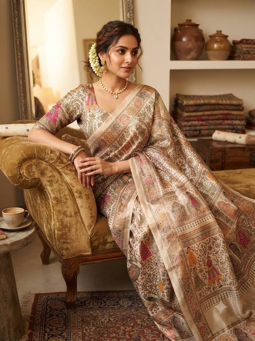 Peachmode Beige Rajwadi Pashmina Silk Weaving Saree - Image 3