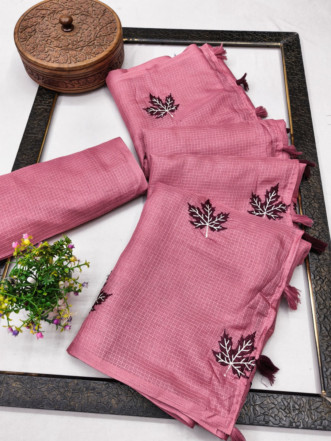 Peachmode Pink Kota Doria Embroidered Saree - Image 2