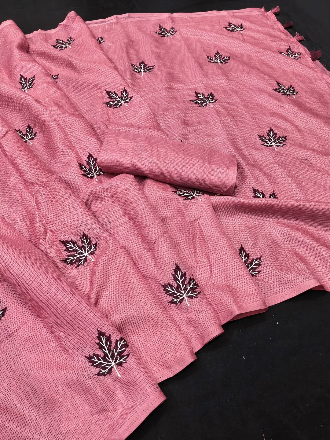 Peachmode Pink Kota Doria Embroidered Saree - Image 3