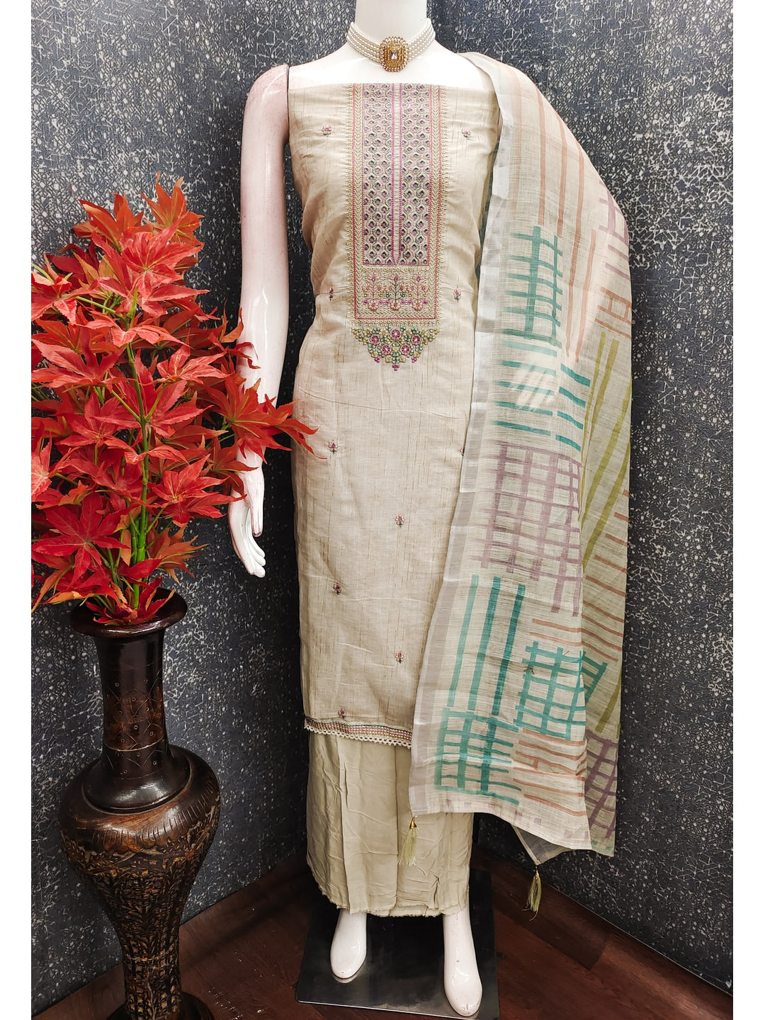 Peachmode Cream Linen Embroidered Dress Material - Image 3
