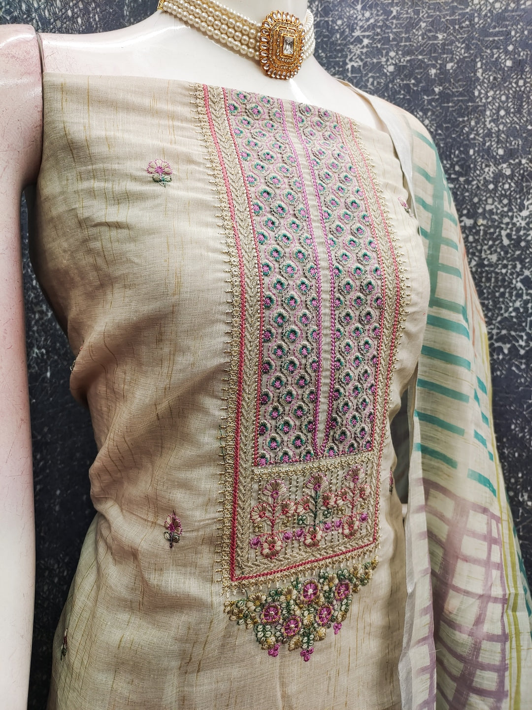 Peachmode Cream Linen Embroidered Dress Material - Image 4
