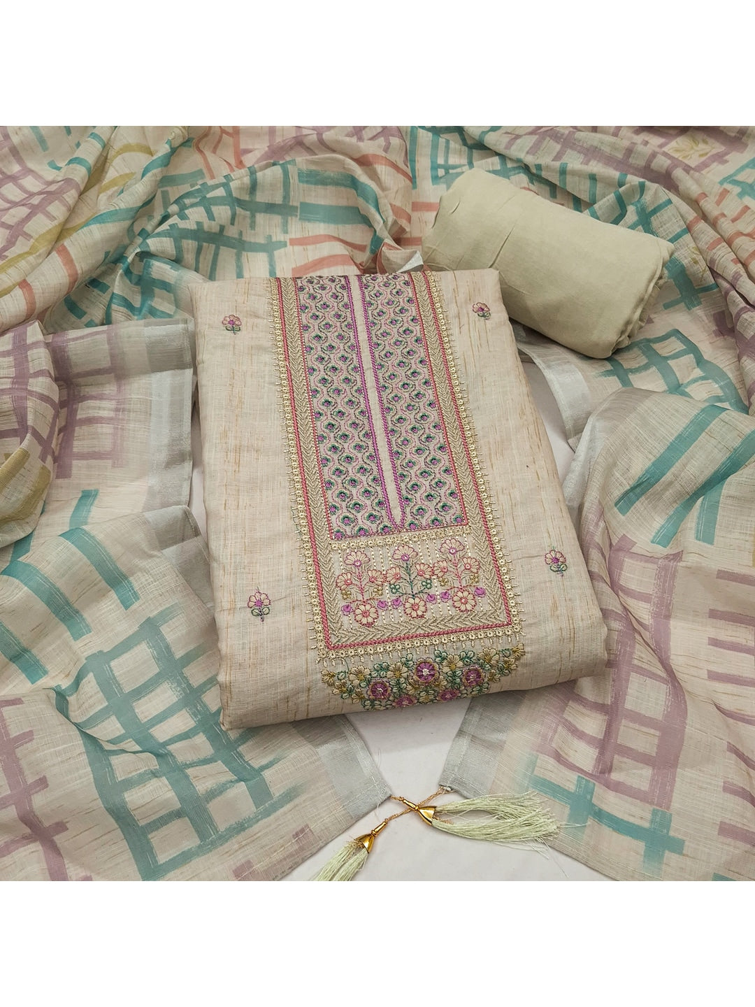 Peachmode Cream Linen Embroidered Dress Material - Image 1