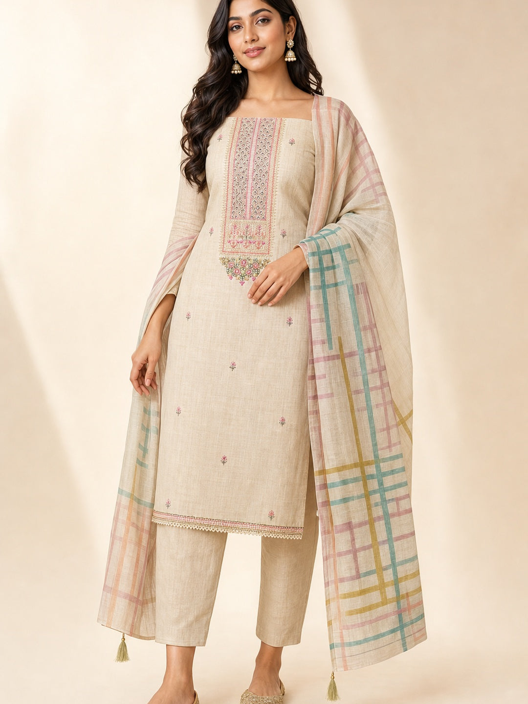 Peachmode Cream Linen Embroidered Dress Material - Image 2