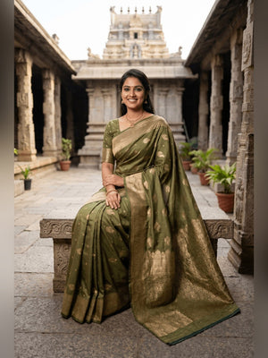 Peachmode Olive Banarasi Silk Zari Weaving Saree - Image 2
