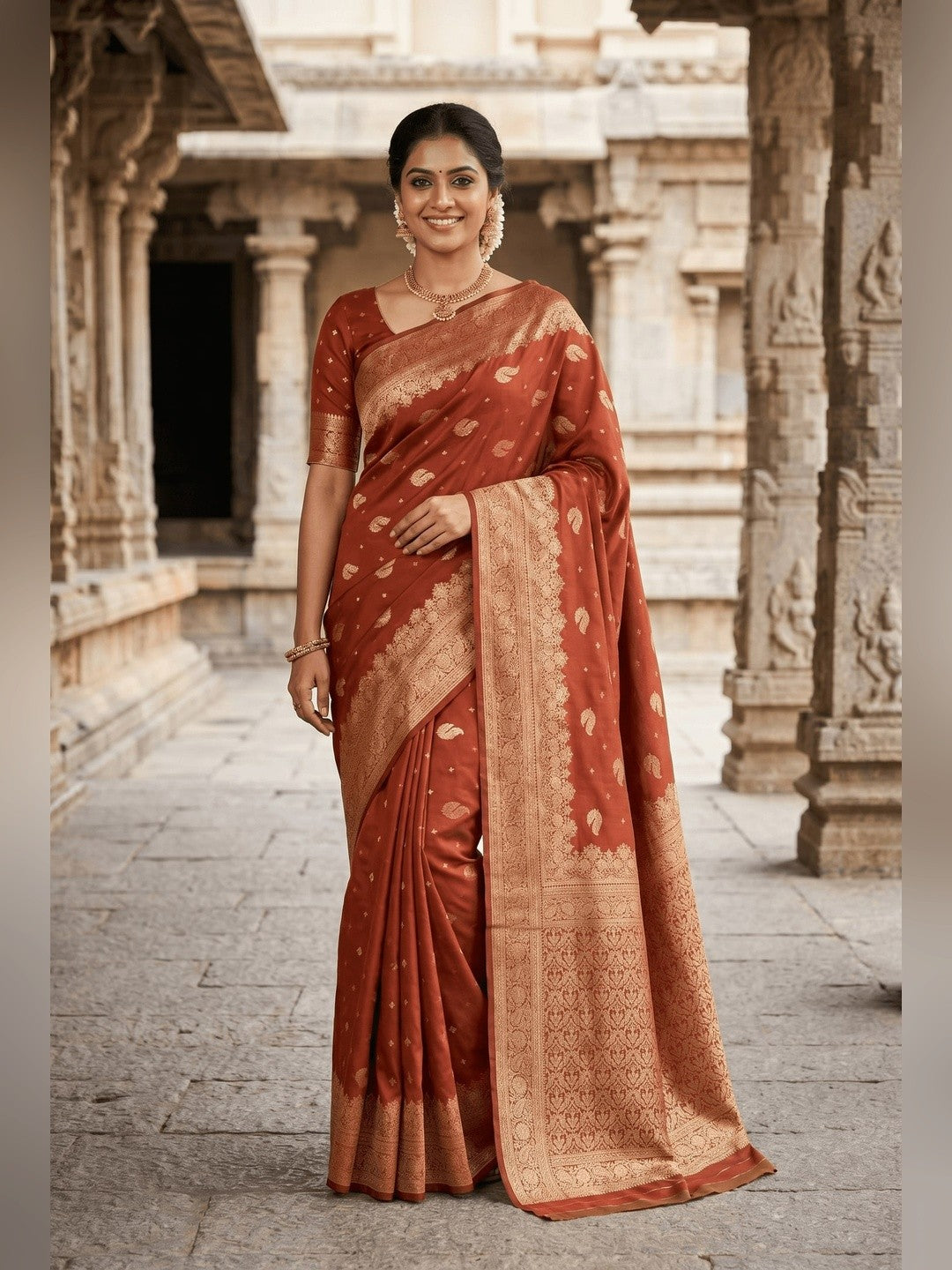 Peachmode Rust Banarasi Silk Zari Weaving Saree - Image 1