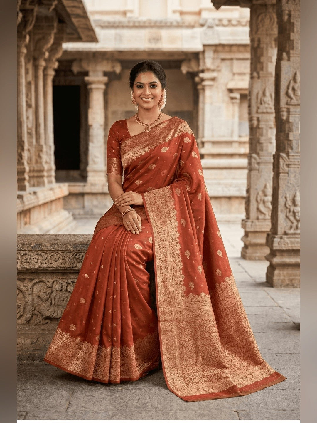 Peachmode Rust Banarasi Silk Zari Weaving Saree - Image 2