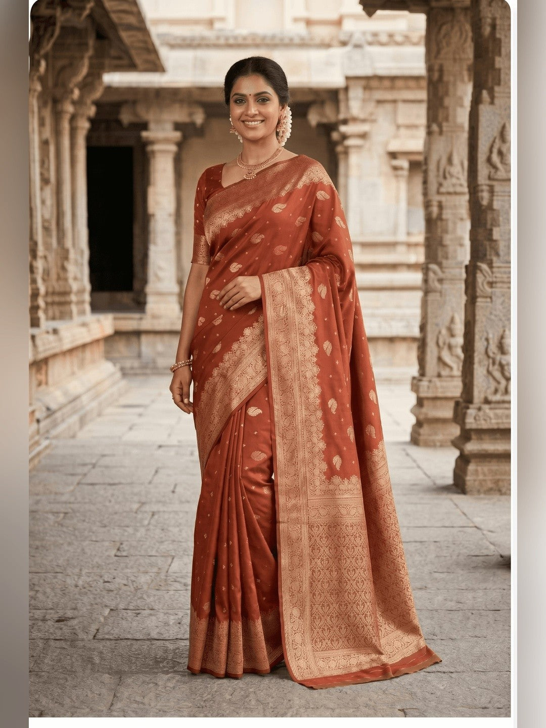Peachmode Rust Banarasi Silk Zari Weaving Saree - Image 3
