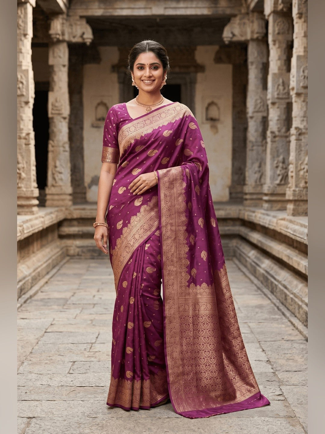 Peachmode Wine Banarasi Silk Zari Weaving Saree - Image 1