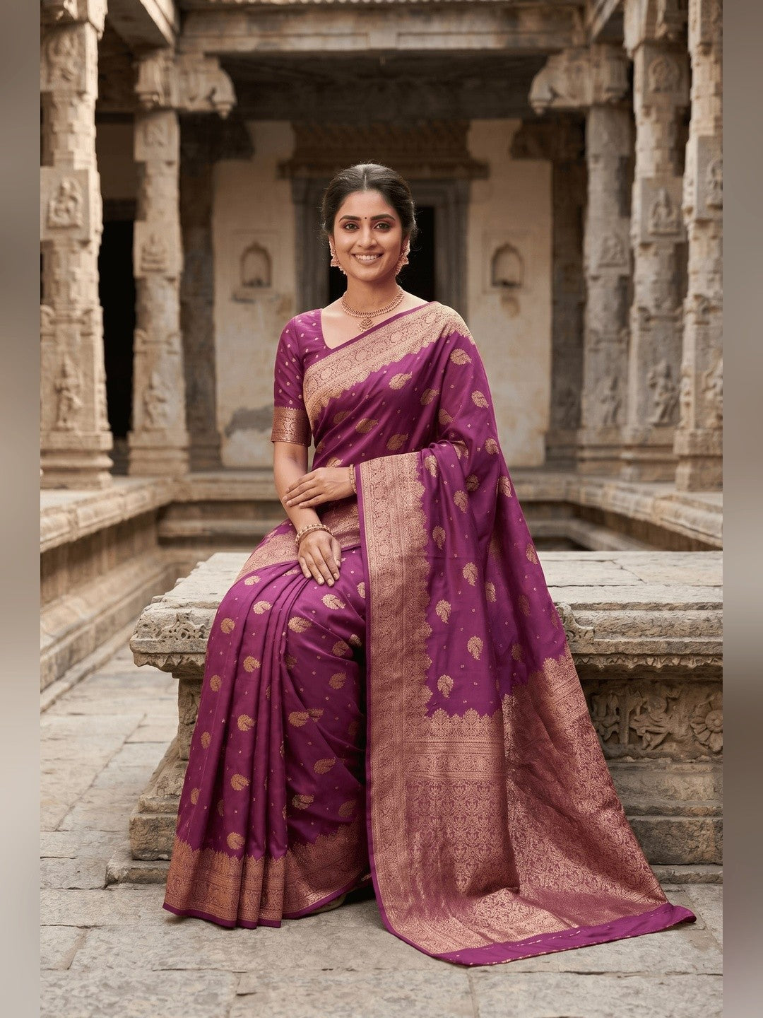 Peachmode Wine Banarasi Silk Zari Weaving Saree - Image 2