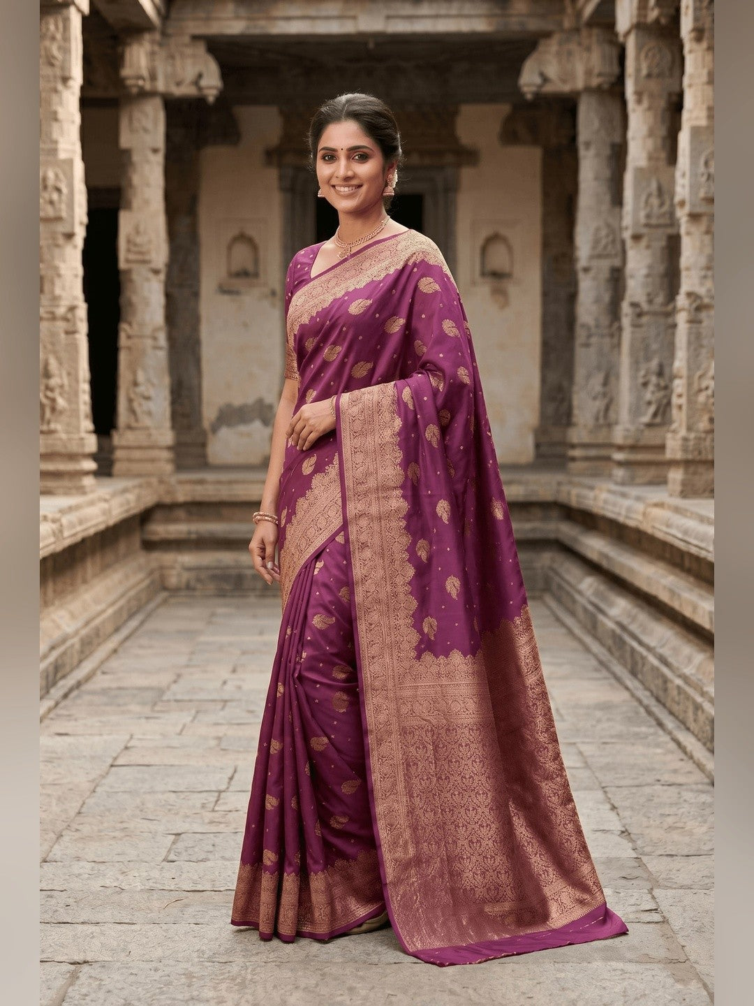 Peachmode Wine Banarasi Silk Zari Weaving Saree - Image 3