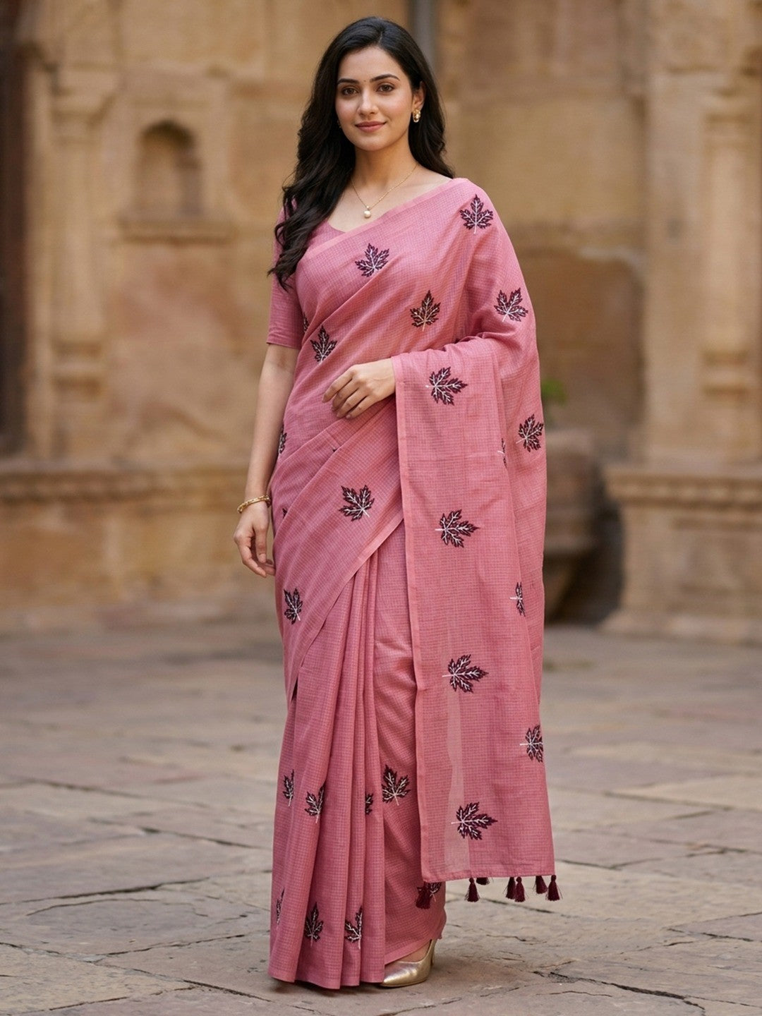 Peachmode Pink Kota Doria Embroidered Saree - Image 1