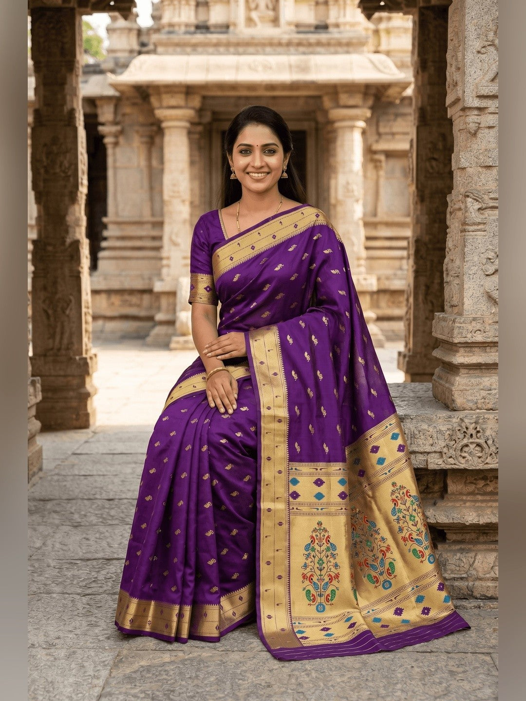 Peachmode Purple Paithani Silk Zari Meenakari Saree - Image 2