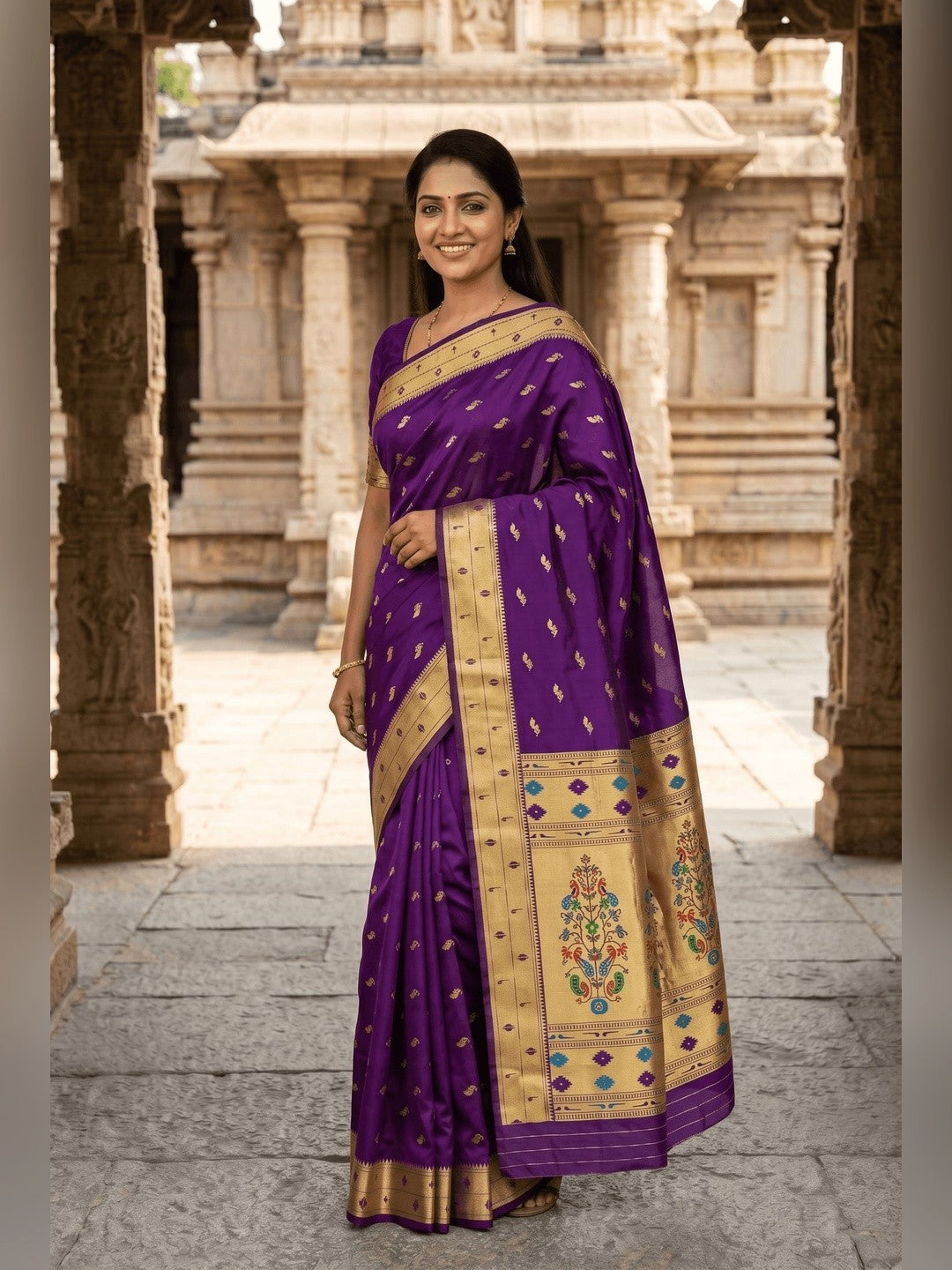 Peachmode Purple Paithani Silk Zari Meenakari Saree - Image 3