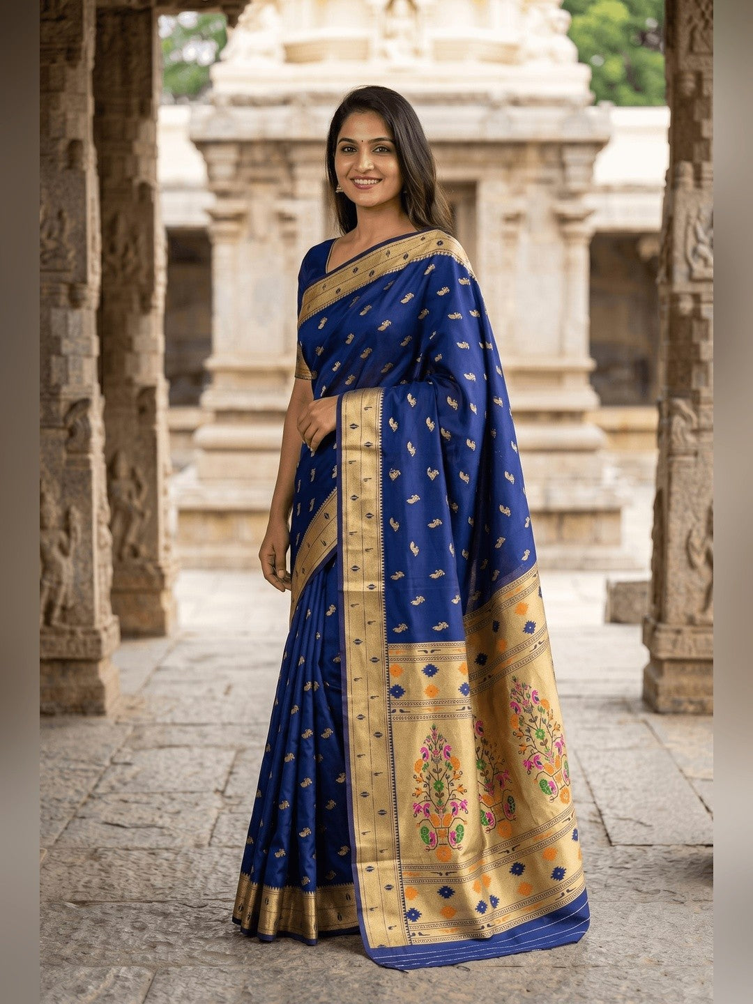 Peachmode Blue Paithani Silk Zari Meenakari Saree - Image 3