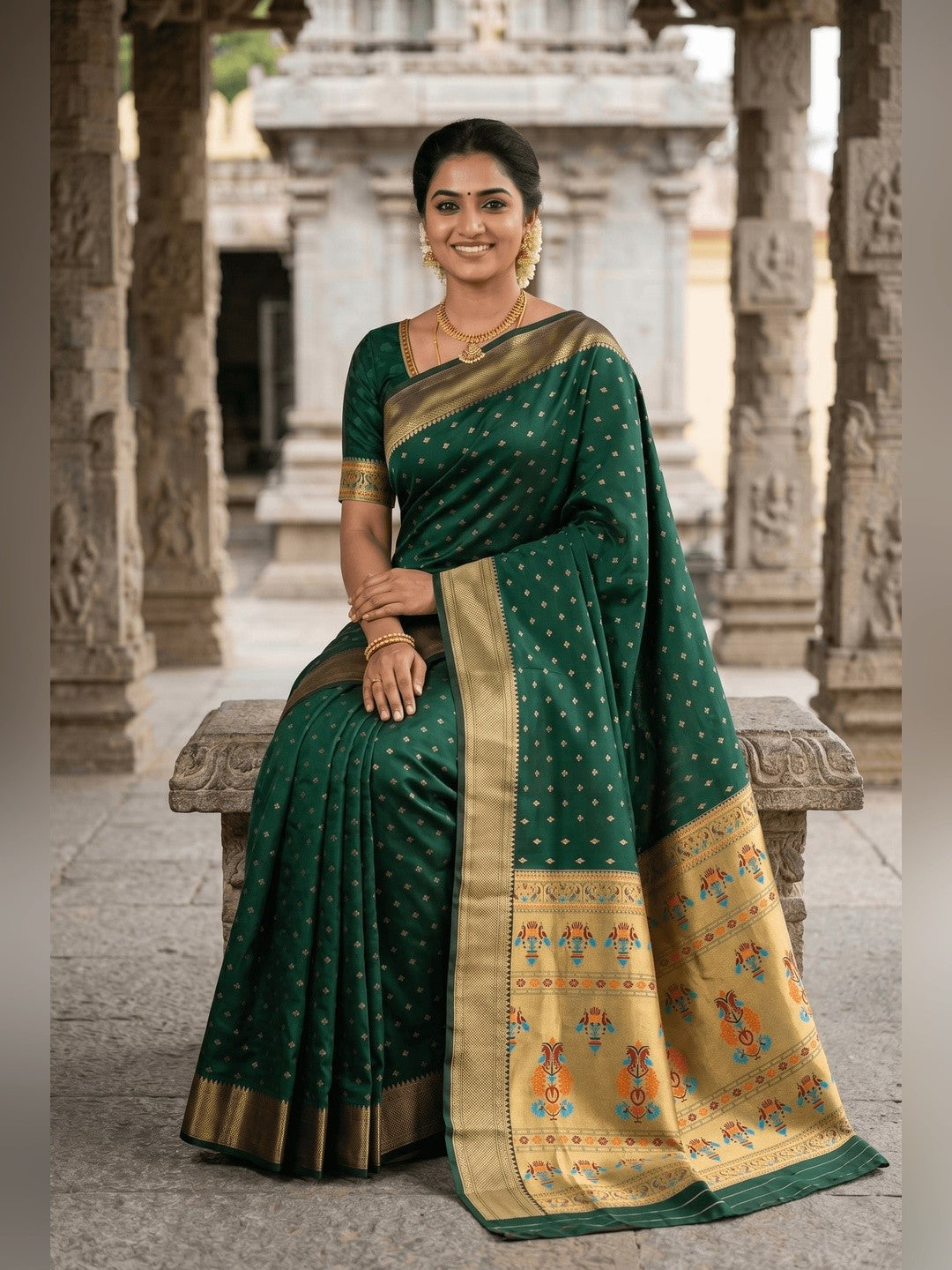Peachmode Green Paithani Silk Zari Meenakari Saree - Image 3