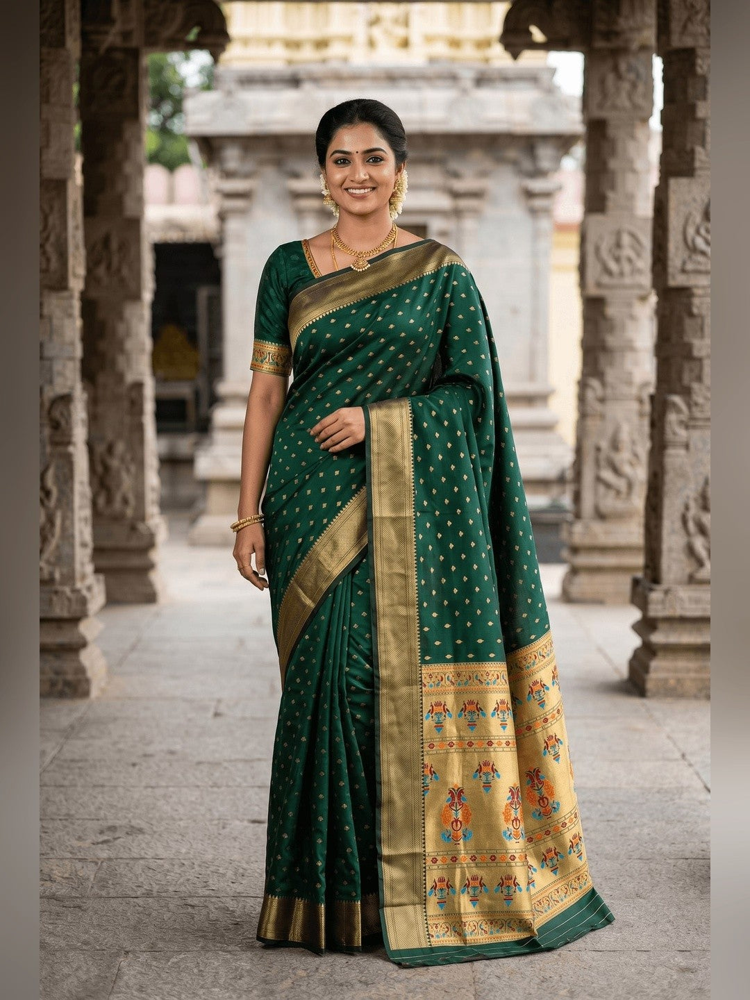 Peachmode Green Paithani Silk Zari Meenakari Saree - Image 4