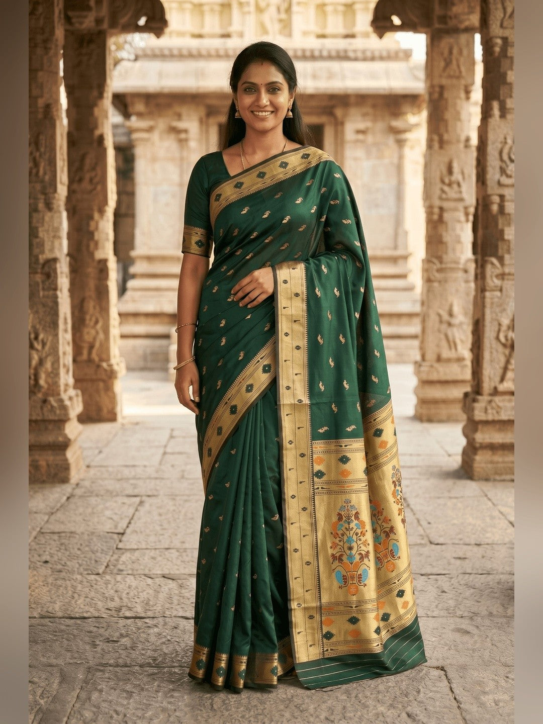 Peachmode Green Paithani Silk Zari Meenakari Saree - Image 5