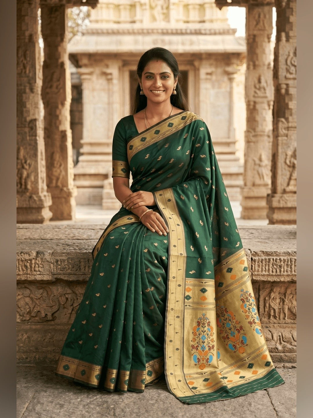 Peachmode Green Paithani Silk Zari Meenakari Saree - Image 6