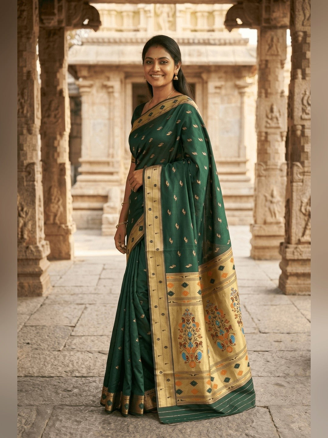 Peachmode Green Paithani Silk Zari Meenakari Saree - Image 7