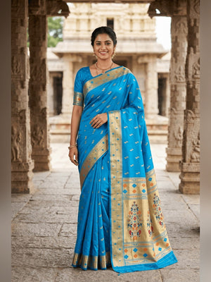 Peachmode Turquoise Paithani Silk Zari Meenakari Saree - Image 1