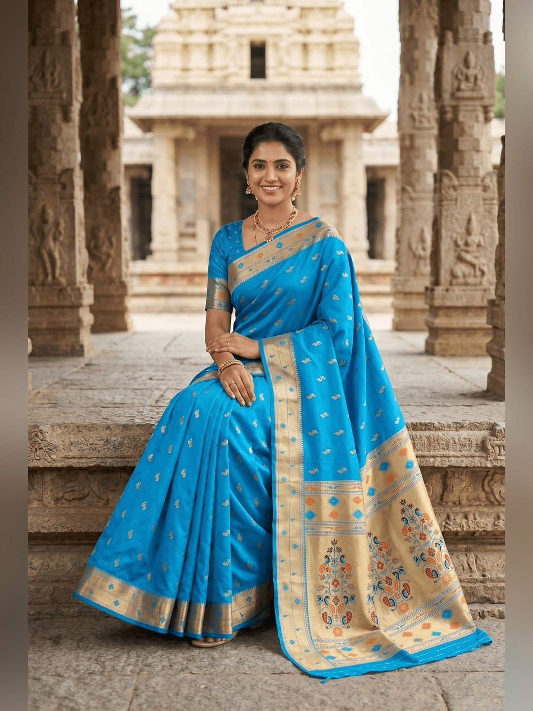 Peachmode Turquoise Paithani Silk Zari Meenakari Saree - Image 3