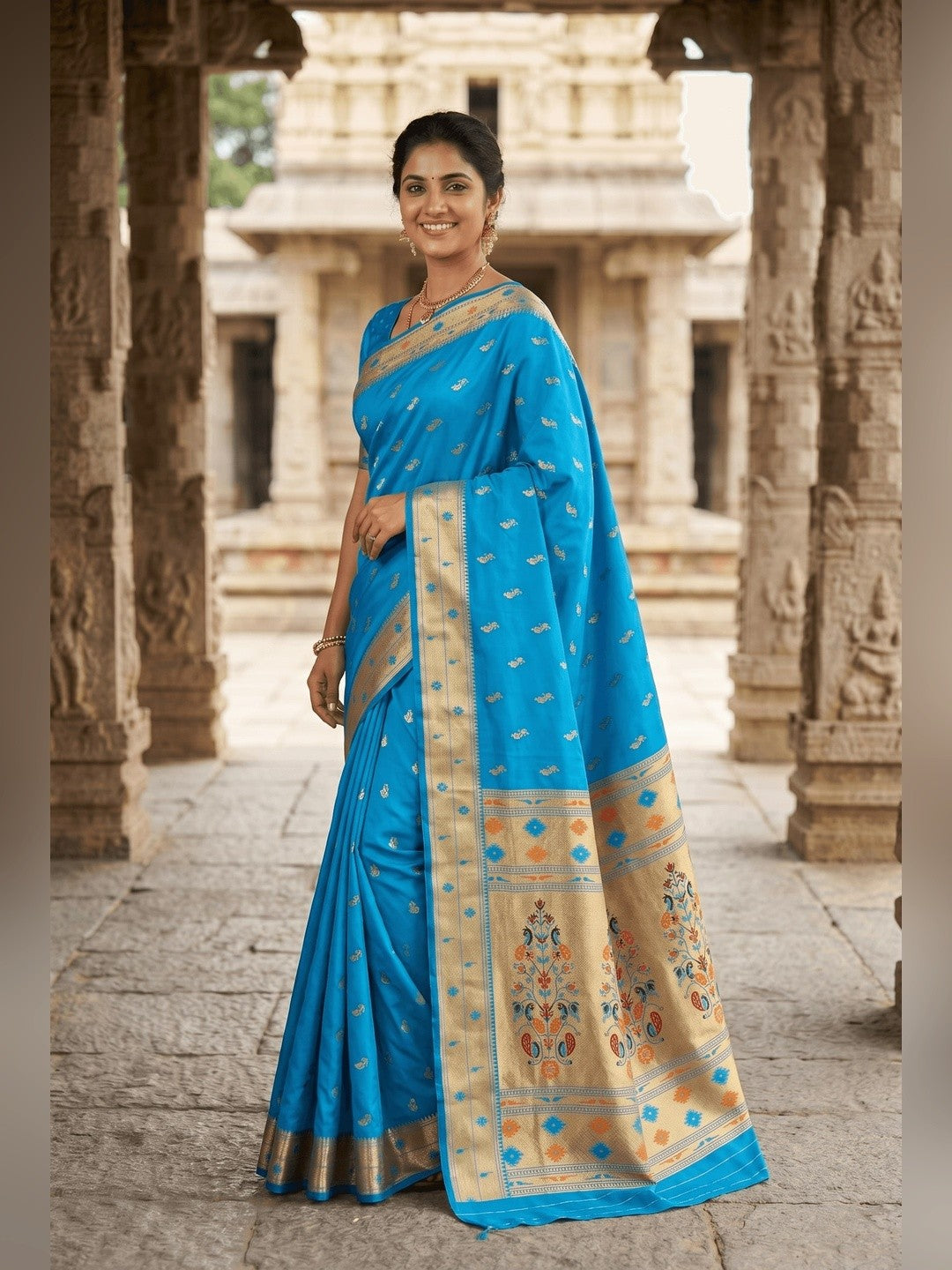 Peachmode Turquoise Paithani Silk Zari Meenakari Saree - Image 4