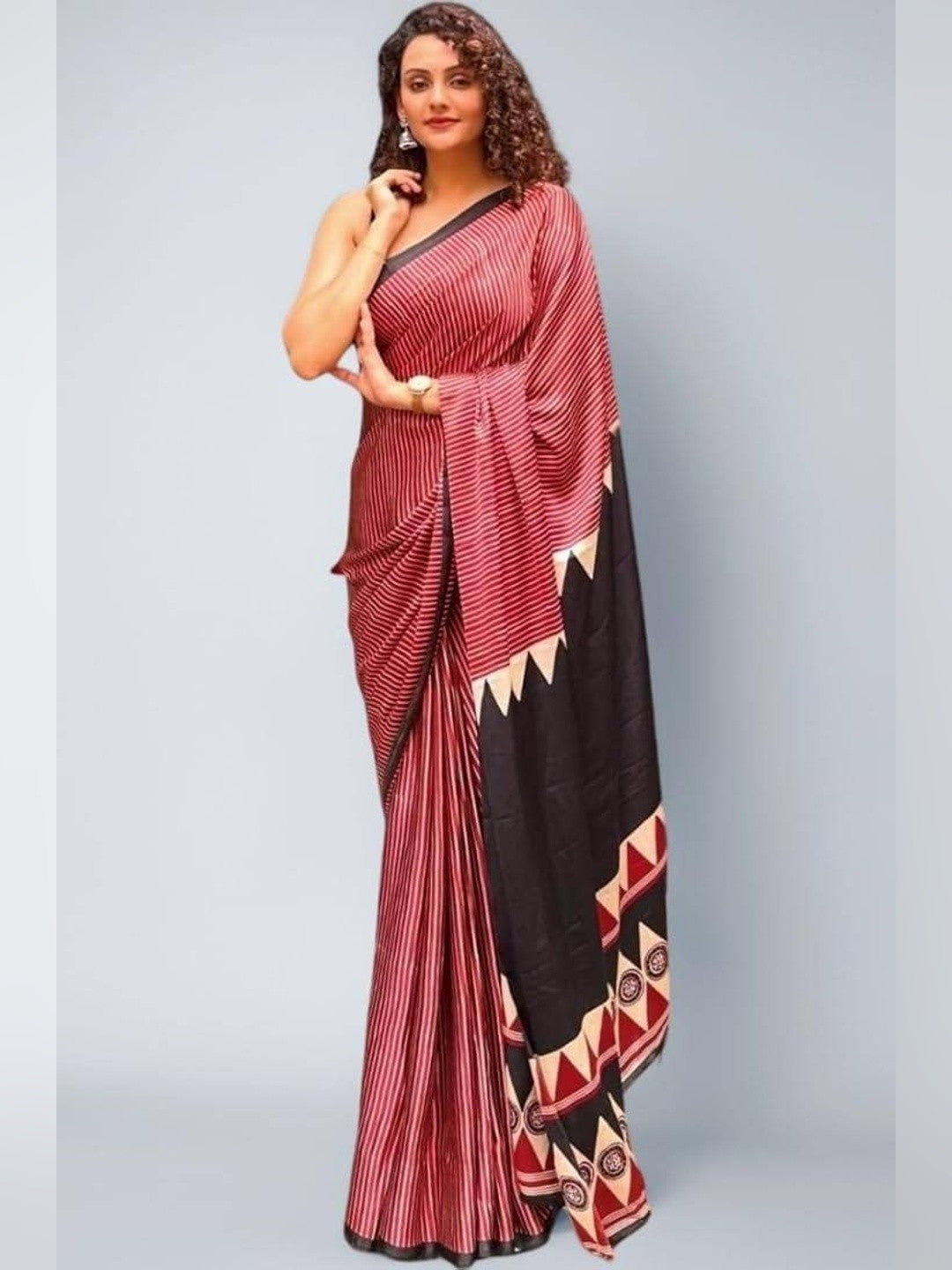 Peachmode Rust Semi Gajji Ajrakh Printed Silk Saree - Image 1