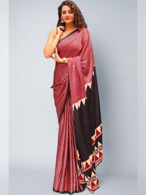 Peachmode Rust Semi Gajji Ajrakh Printed Silk Saree - Image 1