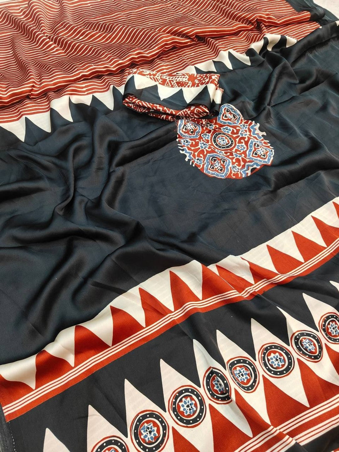 Peachmode Rust Semi Gajji Ajrakh Printed Silk Saree - Image 7