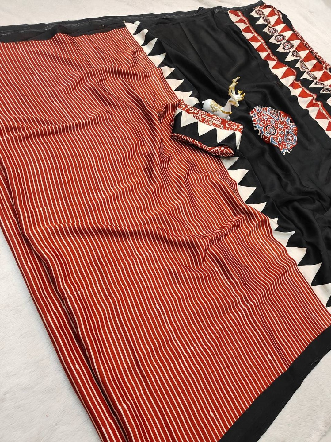 Peachmode Rust Semi Gajji Ajrakh Printed Silk Saree - Image 9