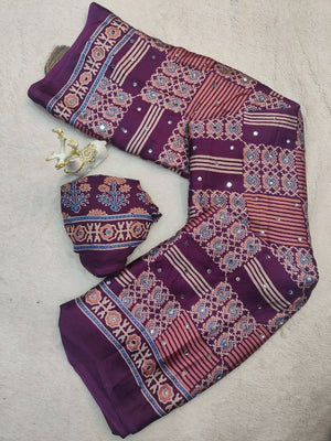 Peachmode Purple Semi Gajji Ajrakh Mirror Work Silk Saree - Image 2
