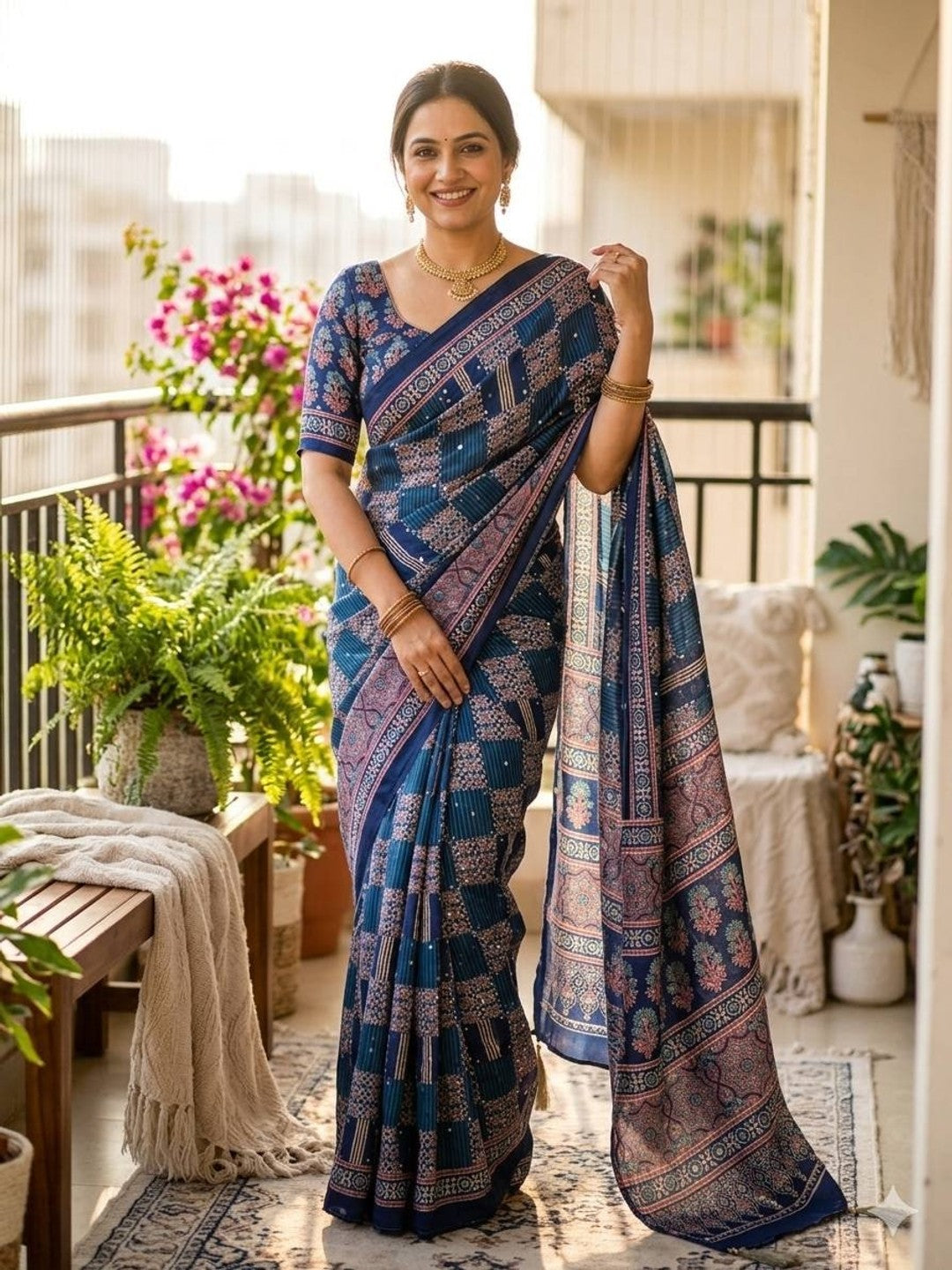 Peachmode Blue Semi Gajji Ajrakh Mirror Work Silk Saree - Image 1