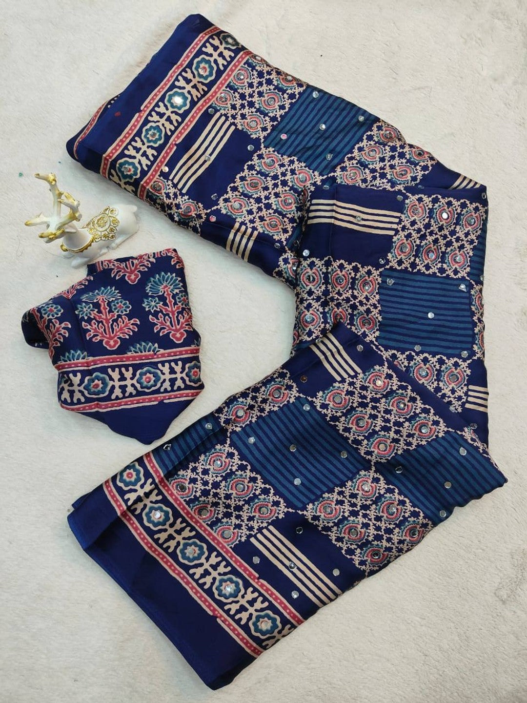 Peachmode Blue Semi Gajji Ajrakh Mirror Work Silk Saree - Image 2