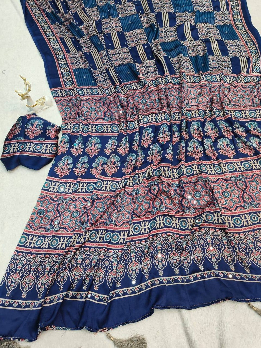 Peachmode Blue Semi Gajji Ajrakh Mirror Work Silk Saree - Image 3