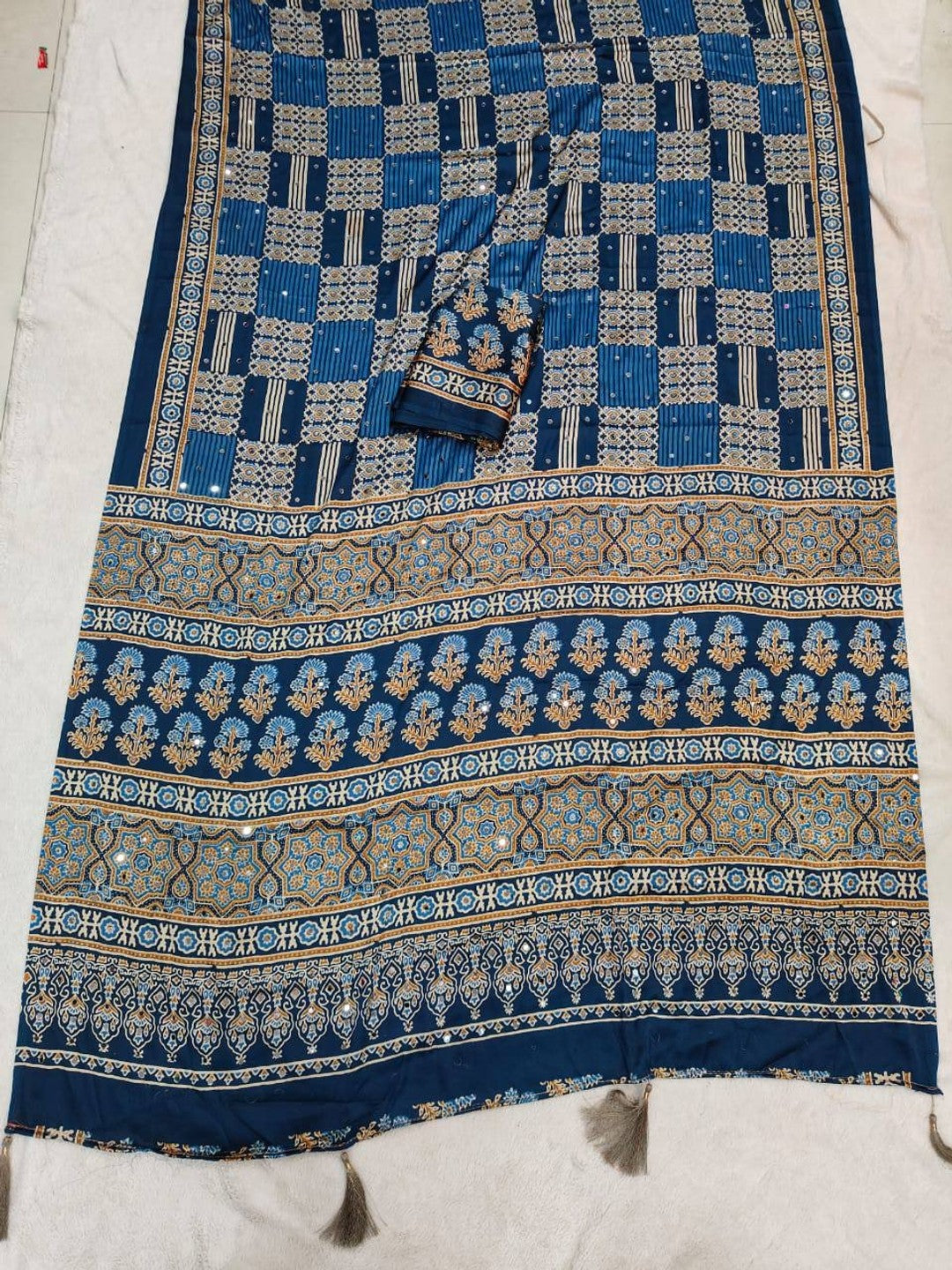 Peachmode Blue Semi Gajji Ajrakh Mirror Work Silk Saree - Image 4