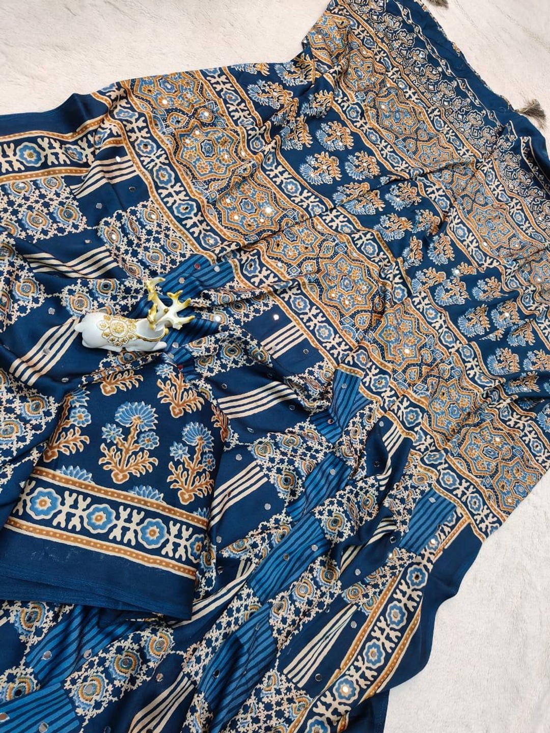 Peachmode Blue Semi Gajji Ajrakh Mirror Work Silk Saree - Image 5