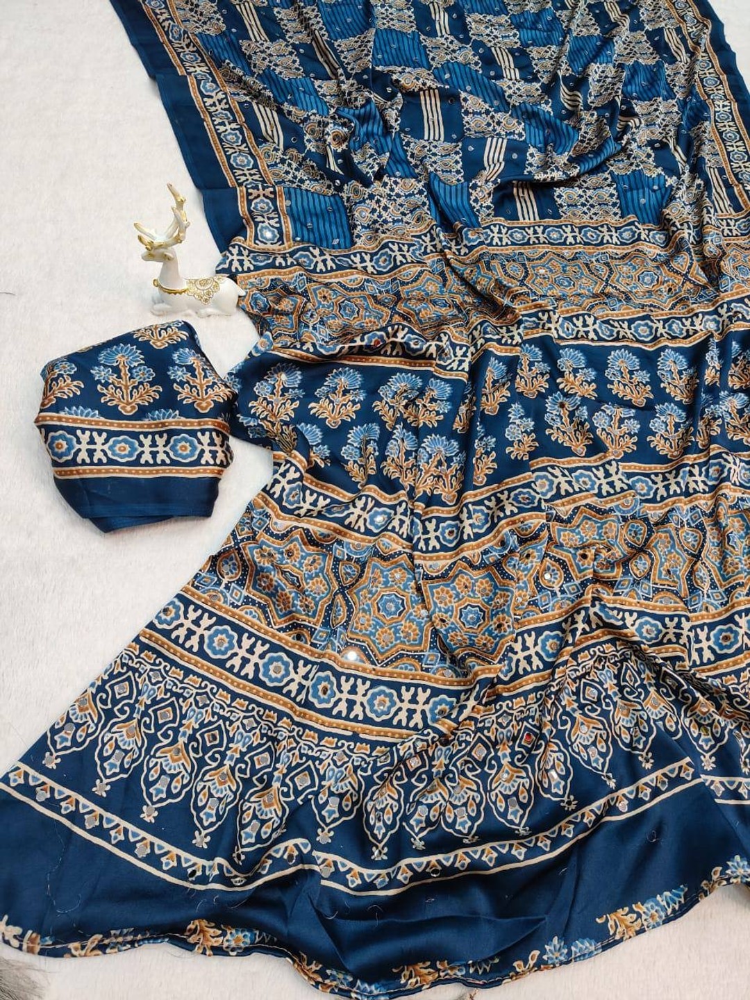 Peachmode Blue Semi Gajji Ajrakh Mirror Work Silk Saree - Image 6