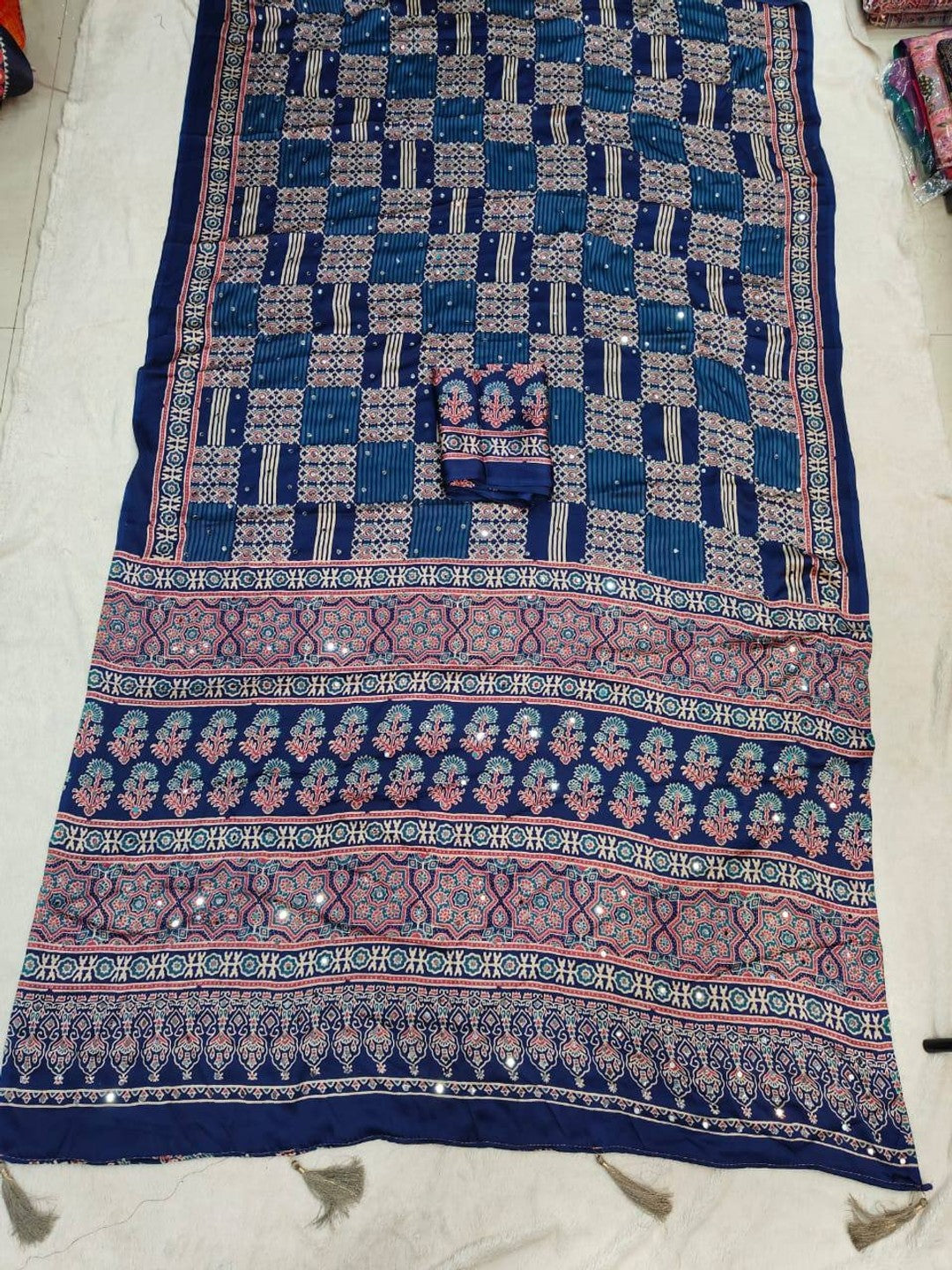 Peachmode Blue Semi Gajji Ajrakh Mirror Work Silk Saree - Image 7